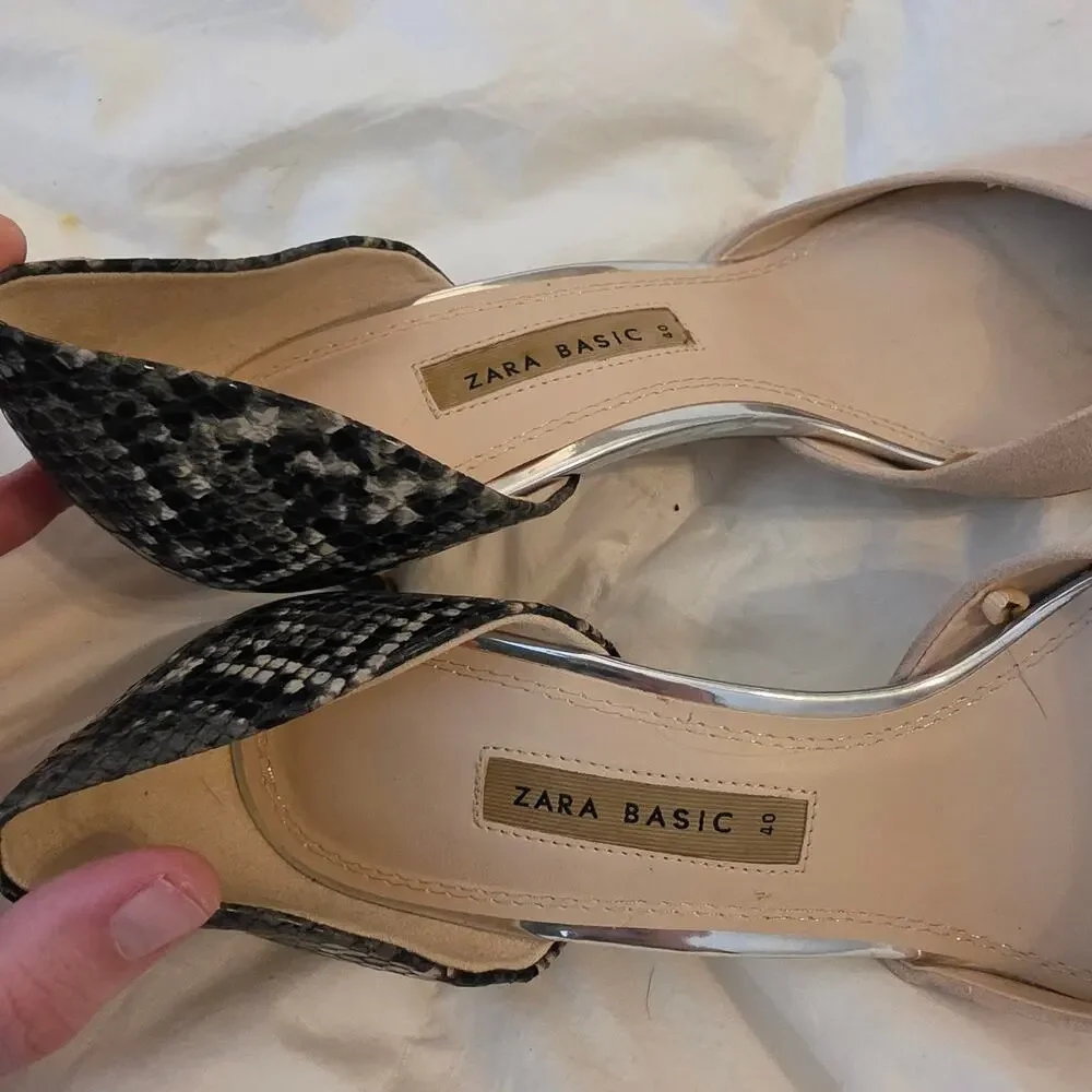 Zara Basic Heels Women’s 40 Snakeskin Pointed Toe D’Orsay Pumps Nude Black